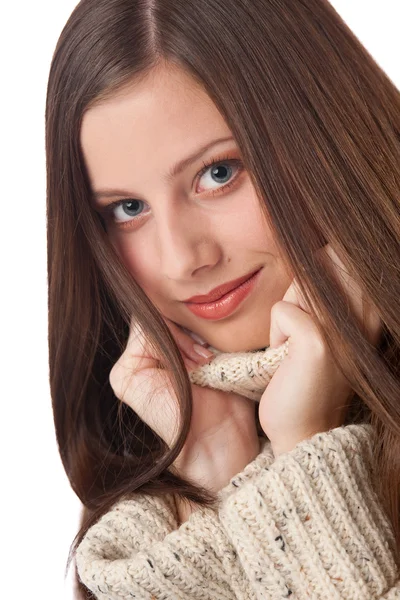 Portret Van Mooie Jonge Vrouw Coltrui Dragen Witte Achtergrond — Stockfoto