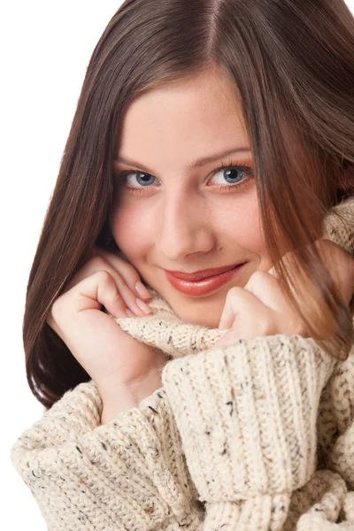 Портрет Красивой Молодой Женщины Водолазке Белом Фоне — стоковое фото