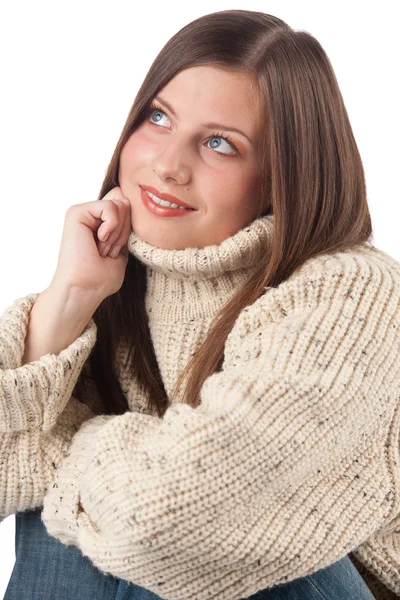 Portret Van Mooie Jonge Vrouw Coltrui Dragen Witte Achtergrond — Stockfoto