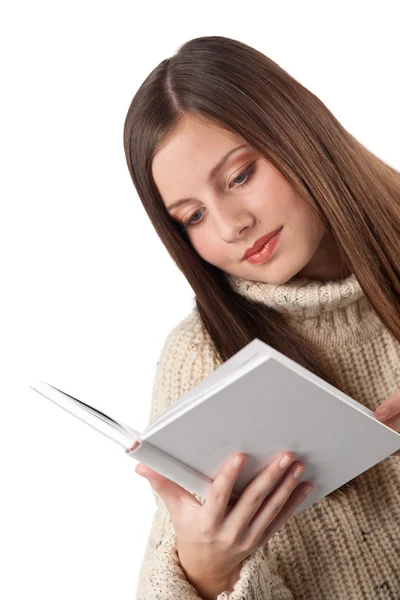 Portrait of young happy woman with book wearing turtleneck — Stock Photo, Image