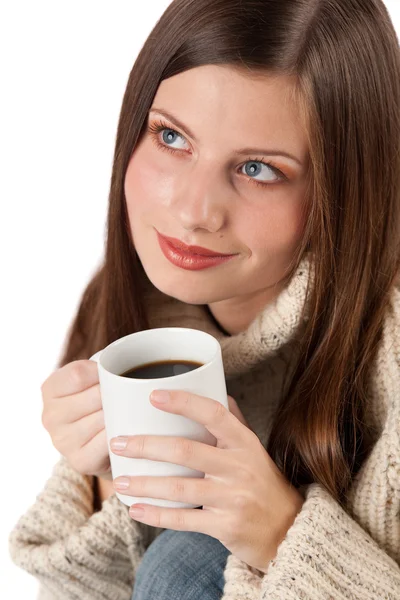 Winter Portret Van Gelukkig Vrouw Met Kopje Koffie Dragen Coltrui — Stockfoto