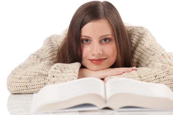 Portrait of young happy woman with book wearing turtleneck — Stock Photo, Image