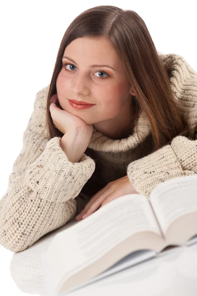 Portrait Young Happy Woman Book Wearing Turtleneck White Background — Stock Photo, Image