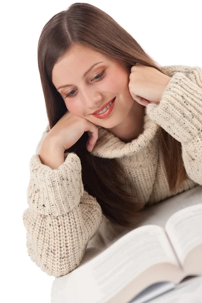 Portrait of young happy woman with book — Stock Photo, Image
