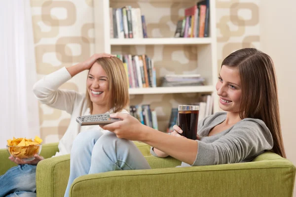 Students - Two female teenager watching television — Stock Photo, Image