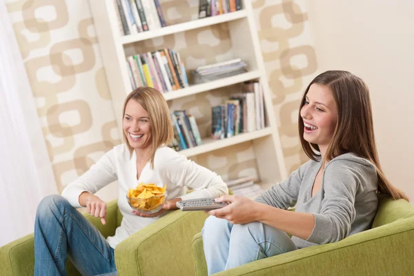 两个微笑女性青少年在现代的客厅里看电视 — 图库照片