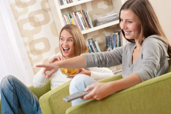 Students Two Smiling Female Teenager Watching Television Modern Living Room — Stock Photo, Image