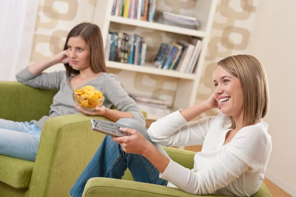 Studenci Dwóch Nastolatek Kobiece Oglądanie Telewizji Jedzenie Chipsów Nowoczesny Salon — Zdjęcie stockowe