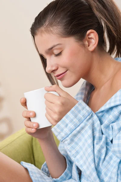 Students Female Teenager Having Cup Coffee Wearing Pajamas Modern Living — Stock Photo, Image