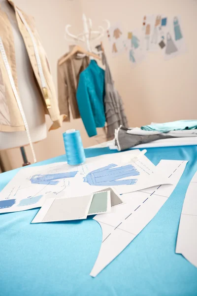 Fashion Designer Studio Professional Equipment Sketches Mannequin Cloth — Stock Photo, Image