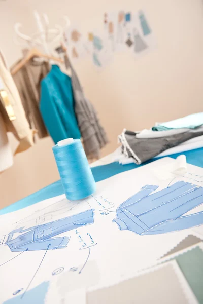 Fashion Designer Studio Professional Equipment Sketches Mannequin Cloth — Stock Photo, Image