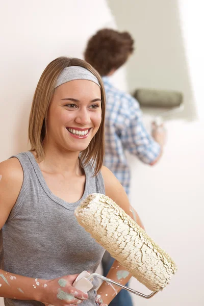 Home Improvement Young Couple Painting Wall Paint Roller — Stock Photo, Image