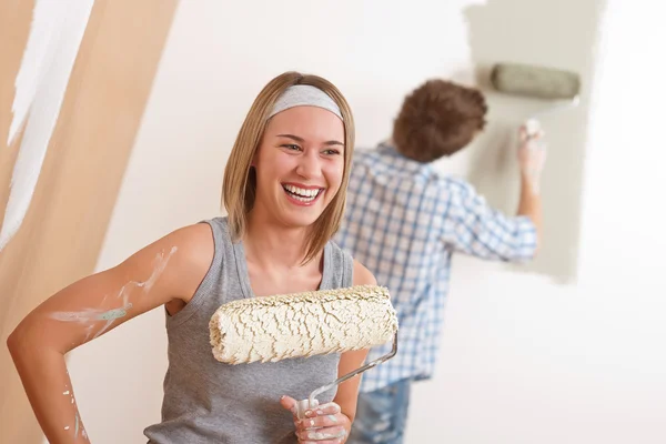 Home Improvement Young Couple Painting Wall Paint Roller — Stock Photo, Image