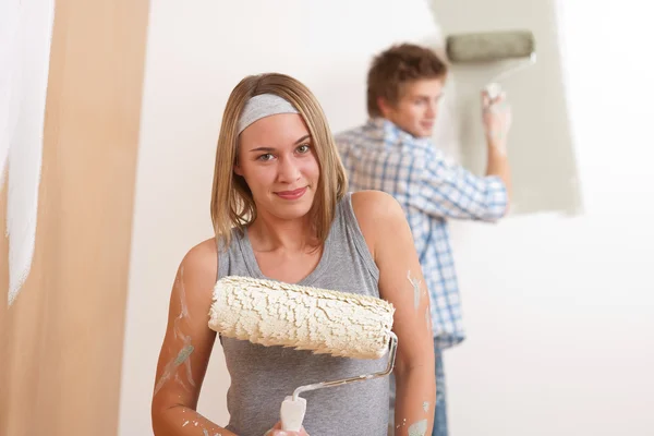 Home Improvement Young Man Woman Painting Wall Paint Roller — Stock Photo, Image