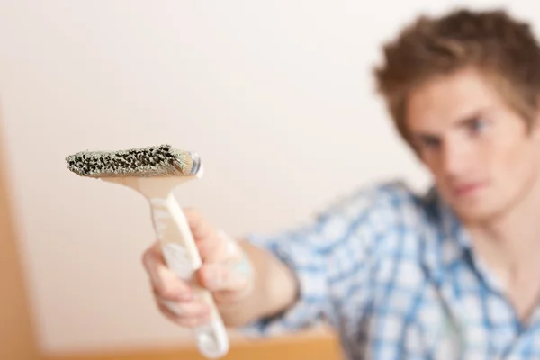 Home Improvement Young Man Holding Paint Brush Focus Brush — Stock Photo, Image