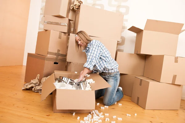Moving House Happy Woman Unpacking Box New Home Kitchen Pots — Stock Photo, Image