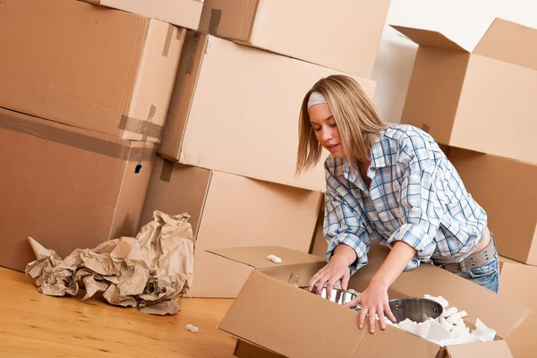 Moving House Happy Woman Unpacking Box New Home Kitchen Pots — Stock Photo, Image