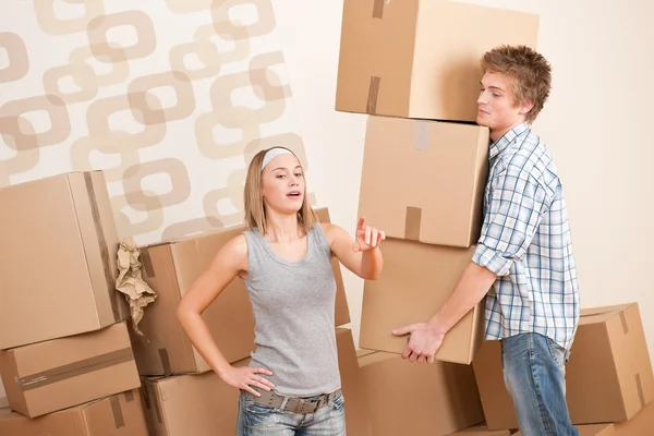 Moving House Man Woman Box New Home — Stock Photo, Image