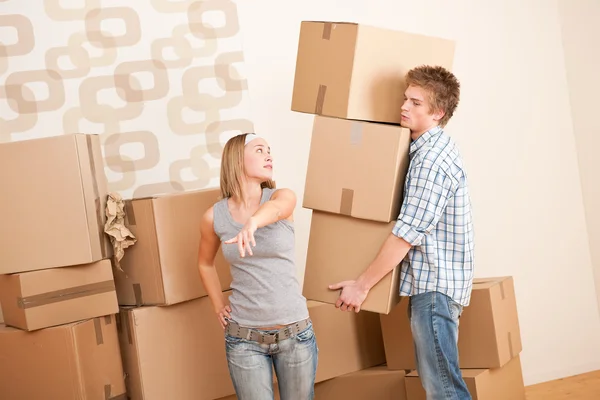 Moving House Man Woman Box New Home — Stock Photo, Image