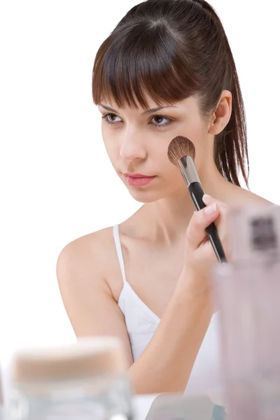 Body Care Young Woman Applying Powder Make Brush White Background — Stock Photo, Image