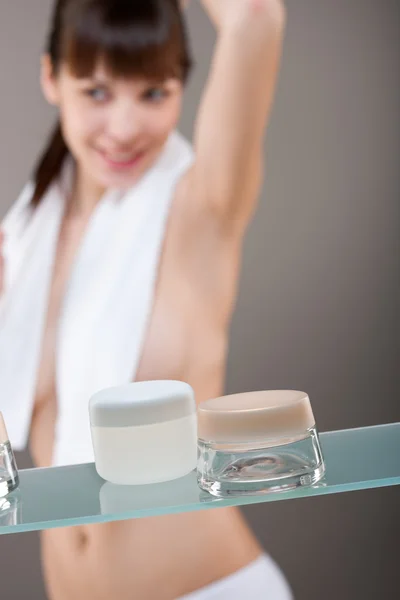 Body Care Young Woman Bathroom Focus Cream Jar — Stock Photo, Image