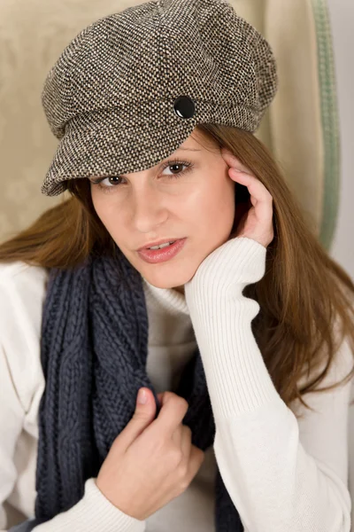 Portrait Hispanic Fashion Model Wearing Cap Sitting Antique Armchair Stock Picture