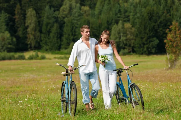 Romantic Young Couple Walking Old Bike Meadow Sunny Day Royalty Free Stock Images