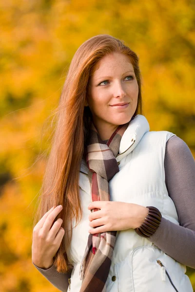 Autumn Park Young Attractive Long Red Hair Woman Fashion Stock Photo