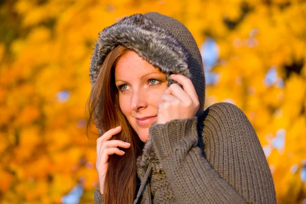 Autumn Sunset Park Red Hair Woman Fashion Nature Stock Image
