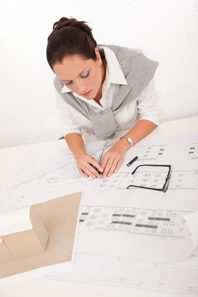 有吸引力的女性建筑师看计划 图库图片