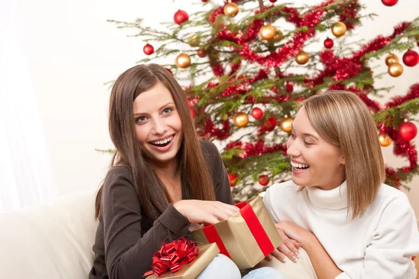 Zwei Frauen Packen Weihnachtsgeschenk Vor Baum Aus lizenzfreie Stockfotos