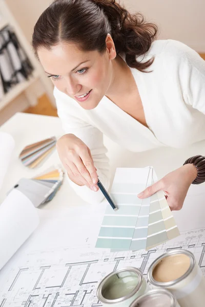 Young Female Interior Designer Working Office Color Swatch Can Paint Royalty Free Stock Images