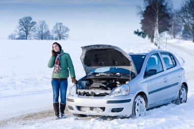 Winter car breakdown - woman call for help, road assistance clipart