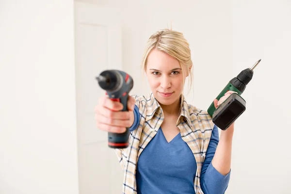 Home Improvement Woman Battery Cordless Screwdriver — Stock Photo, Image