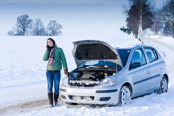冬季汽车抛锚 女子打电话求救 道路援助 — 图库照片