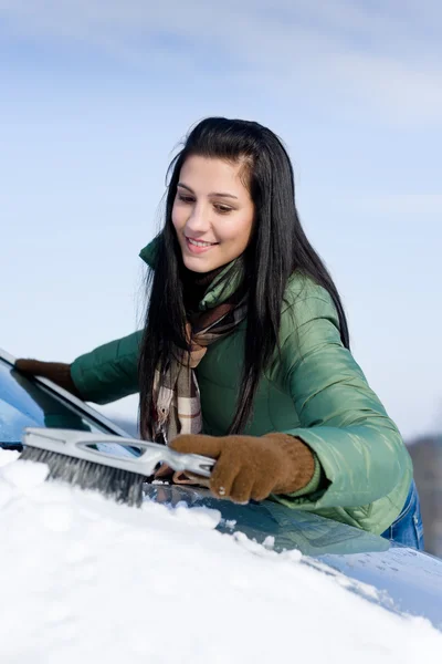 Kış Araba Kadın Kar Fırça Ile Cam Dan Kar Kaldırma — Stok fotoğraf