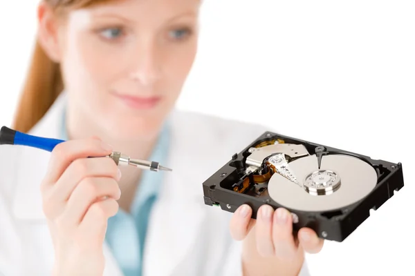 Female computer engineer - woman repair hard disc — Stock Photo, Image