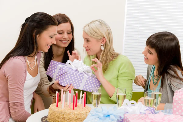 Birthday party - happy woman getting present, champagne — Stock Photo, Image