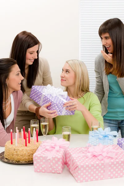 Birthday party - woman getting present with champagne — Stock Photo, Image