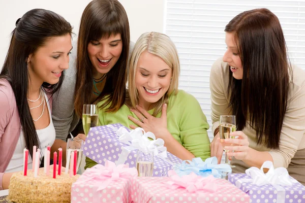 Birthday party - happy woman getting present — Stock Photo, Image