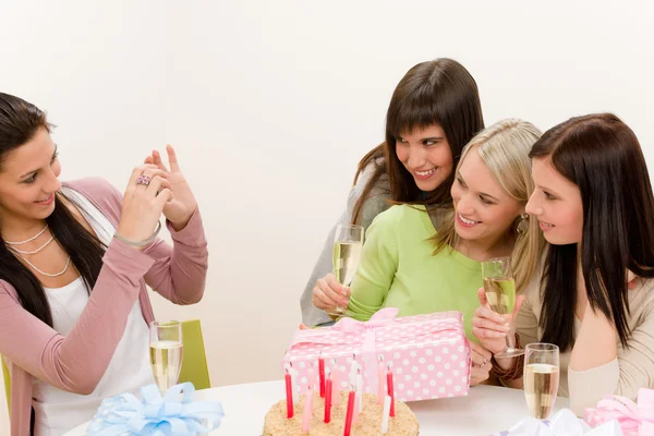 Birthday party - cheerful woman take photo with camera — Stock Photo, Image