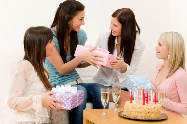 Birthday party - woman getting present, surprise — Stock Photo, Image