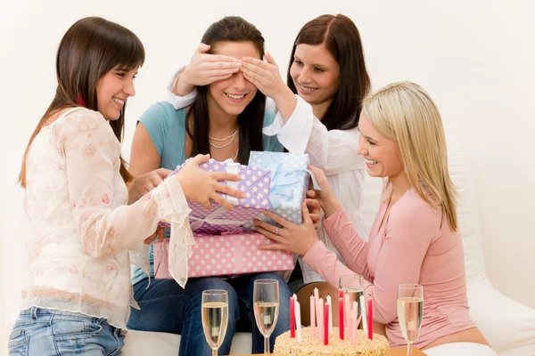 Birthday party - woman getting present, surprise — Stock Photo, Image