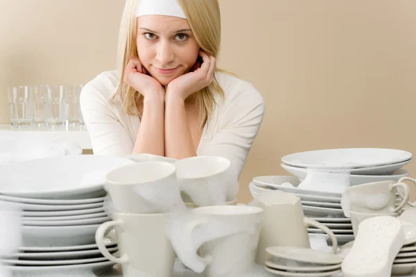 Modern kitchen - tired woman in kitchen — Stock Photo, Image