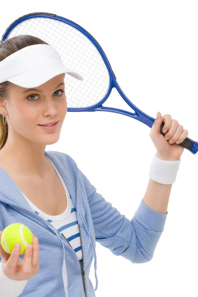 Παίκτης του τένις - νέα γυναίκα που κρατά ρακέτα — Φωτογραφία Αρχείου