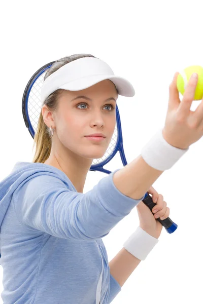 Παίκτης του τένις - νέα γυναίκα που κρατά ρακέτα — Φωτογραφία Αρχείου