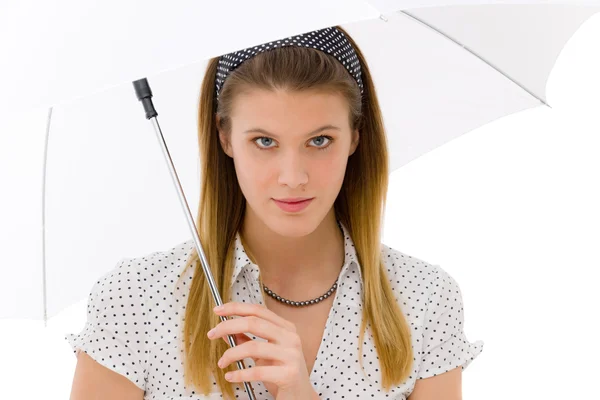 时尚-年轻女子伞设计师设计的服装 — 图库照片