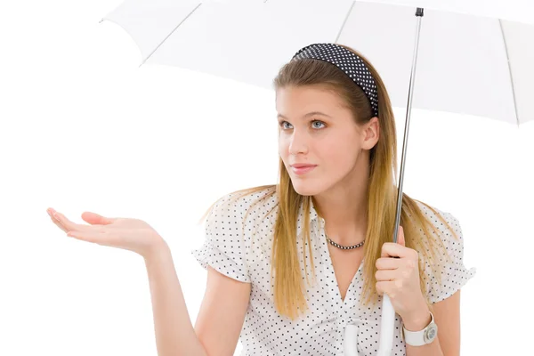 Fashion - young woman umbrella designer clothes — Stock Photo, Image