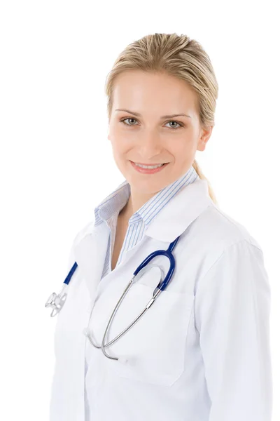年轻的女医生用听诊器在白色 — 图库照片
