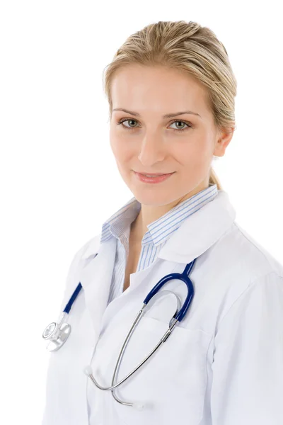Jeune femme médecin avec stéthoscope sur blanc — Photo